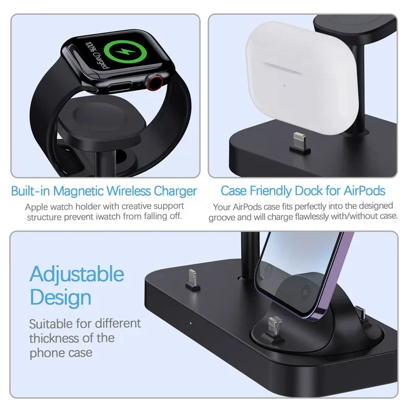 Description Picture 3 of item4 In 1 Wireless Charger Stand Pad Fast Charging Station Dock for iPhone 15 14 13 12 Pro Max Apple Watch 8 7 6 Ultra Airpods Pro
