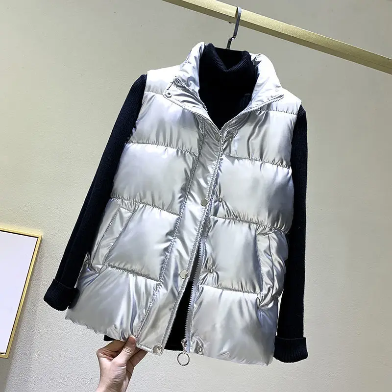 Silver Vest Jacket Plus Size Women's Stand collar Parkas Winter Glossy Cotton padded Sleeveless Coat Short Ladies Waistcoat Tops