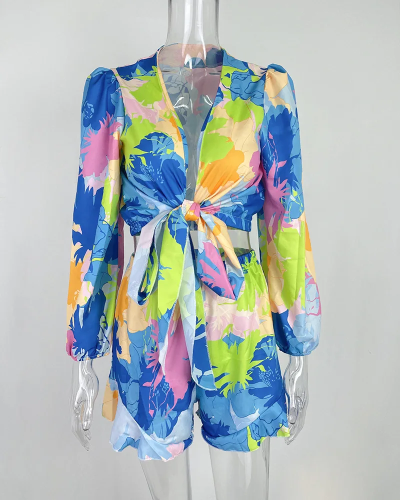 Description Picture 6 of itemColor Printed Two Piece Set Women Long Sleeve Leace-up Deep V-neck Tops Shorts Sets 2023 Summer New Casual Beach Party Bohemian
