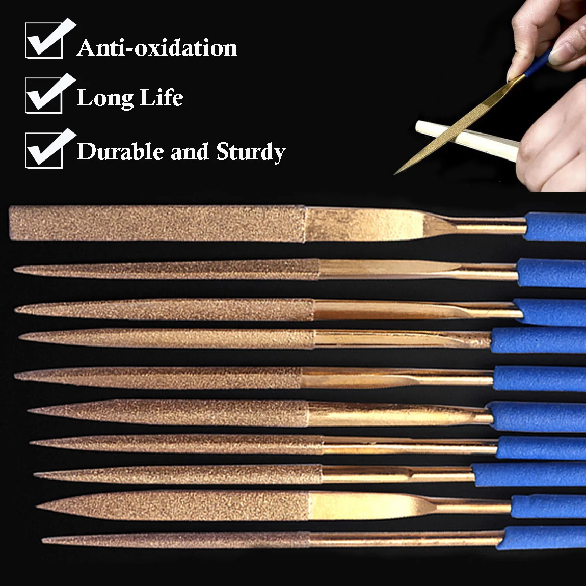 Description Picture 2 of item10pcs Diamond Needle Files Set 3x140mm Variety Shapes Titanium Coated Diamond Needle Files for Ceramics Metal Glass Deburring