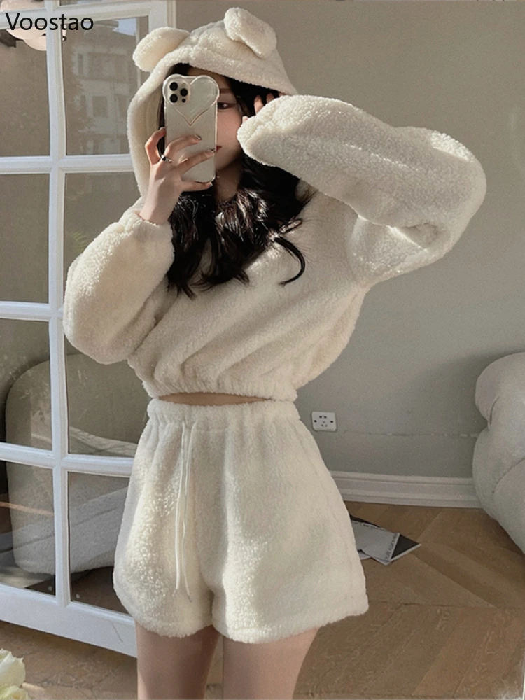 Description Picture 4 of itemAutumn Winter Women Kawaii Shorts Set Soft Plush Bear Ears Hooded Sweatshirt High Waist Shorts Suit Girls Hoodies 2 Piece Sets