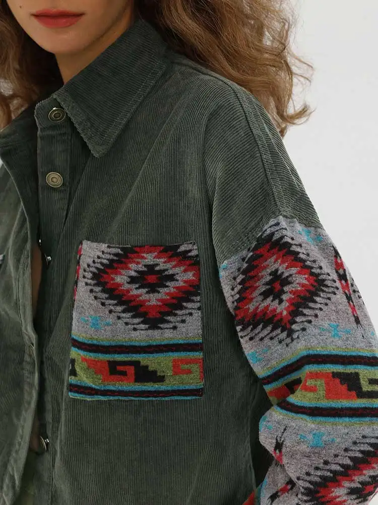 Description Picture 6 of itemZAFUL Jacket for Women Corduroy Long Sleeves Shacket Ethnic Aztec Print Shirt Jackets Fall Winter Streetwear Outerwear NEW