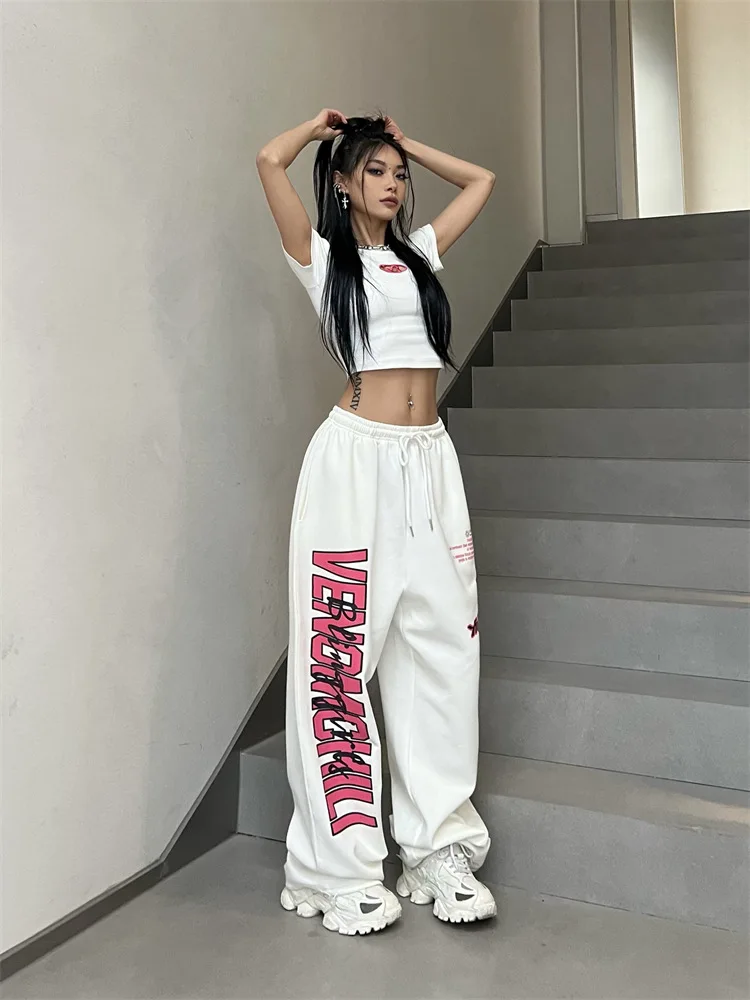 Description Picture 6 of itemNew Y2K Streetwear White Track Pants Women Harajuku Hippie Wide Leg Sweatpants Oversize Quick Dry Printed Joggers Trousers