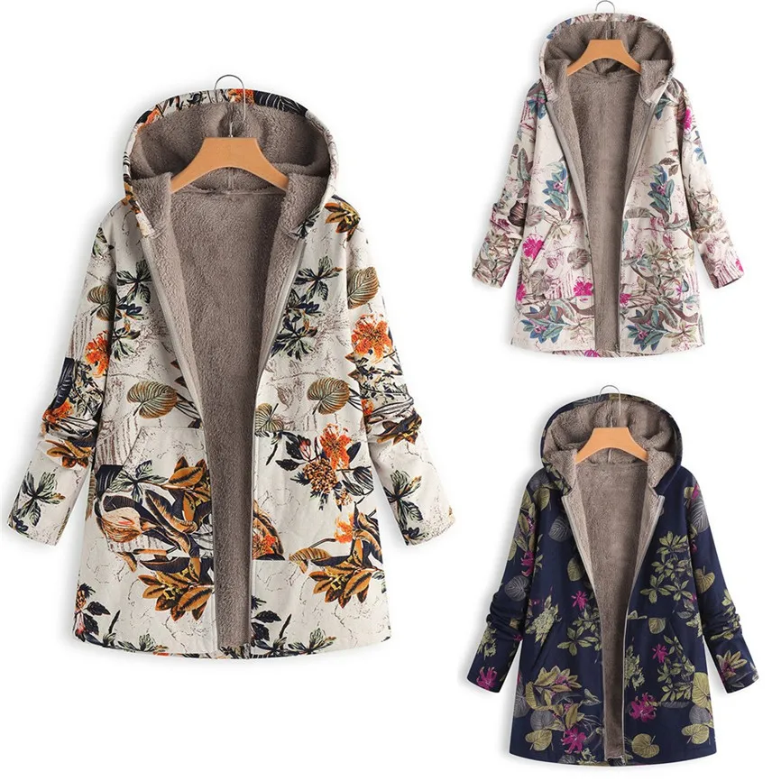 Description Picture 2 of itemPrinted Hooded Long Sleeve Coat Oversized Vintage Women Autumn Winter Warm Plush Jacket Casual Ladies Clothes