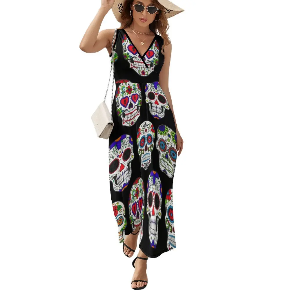 Description Picture 2 of itemDay Of The Dead Sugar Skull Flower Art Dress WomenBeach Maxi Dress V Neck Sleeveless Street Fashion Design Bohemia Long Dresses