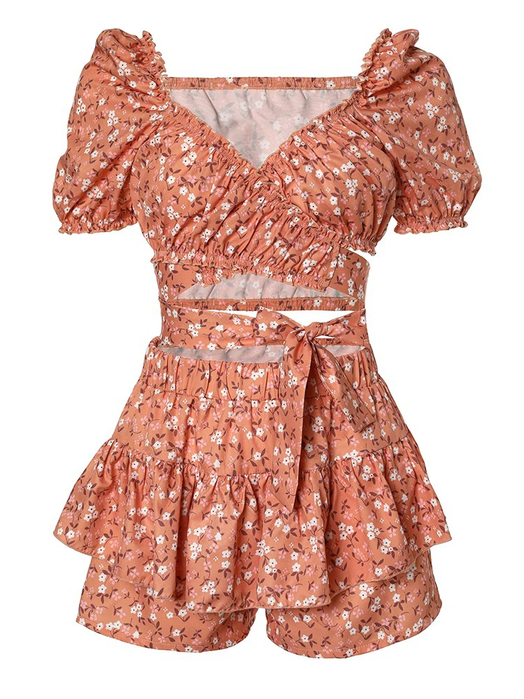 Description Picture 6 of itemWomen Two-Piece Set Sexy V-Neck Knotted Print Criss-Cross Short Top and Shorts Skirts Outfits for Women Sets Summer Outfits