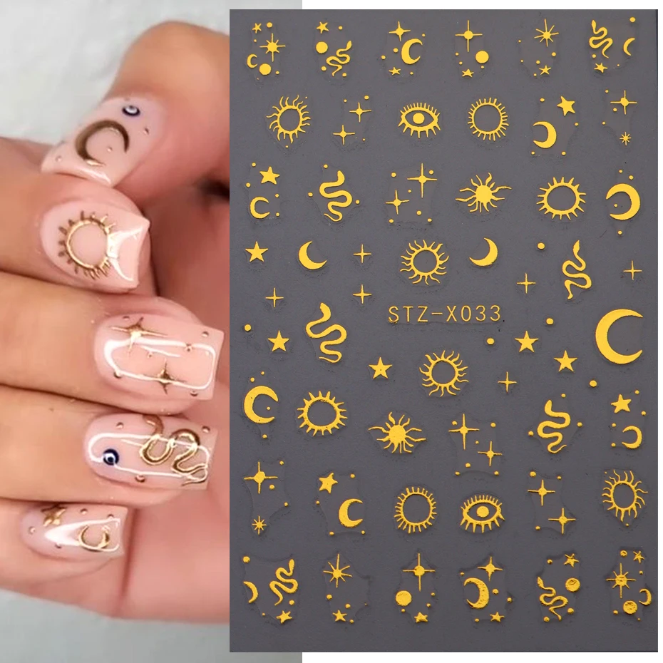Gold Bronzing Stickers for Nails Eyes Snake Sun Stars Moon Nail Design Silver Angel Wings Love Adhesive Slider Decoration
