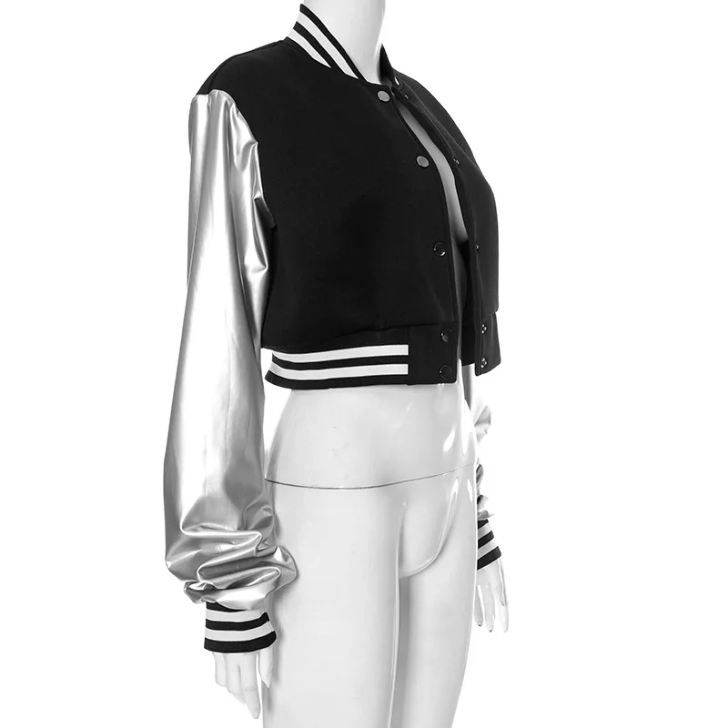Description Picture 6 of itemAutumn Winter Letter Print Button Baseball Jackets for Women Patchwork PU Leather Crop Coat Long Sleeve Varsity Bomber Jacket