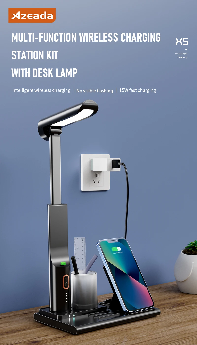 Azeada Multi-function 15W Wireless Charger Kit with Desk Lamp for iPhone 15 14 Pro Huawei MI Fast Wireless Charging Phone Holder