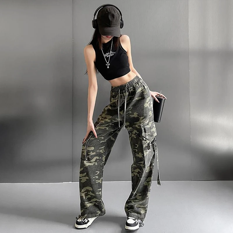 Description Picture 4 of itemWomen Casual Camouflage Cargo Pants Y2k Mid Waist Wide Leg Pockets Trousers Baggy Streetwear Hiphop Pant