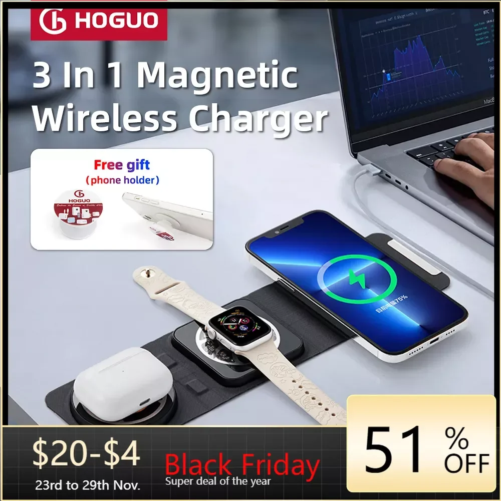 Hoguo-3 in 1 Magnetic Wireless Charger, Pad Stand, Foldable, iPhone 14, 13, 12, 11, X ,Apple Watch, AirPods, Fast Charging,15W