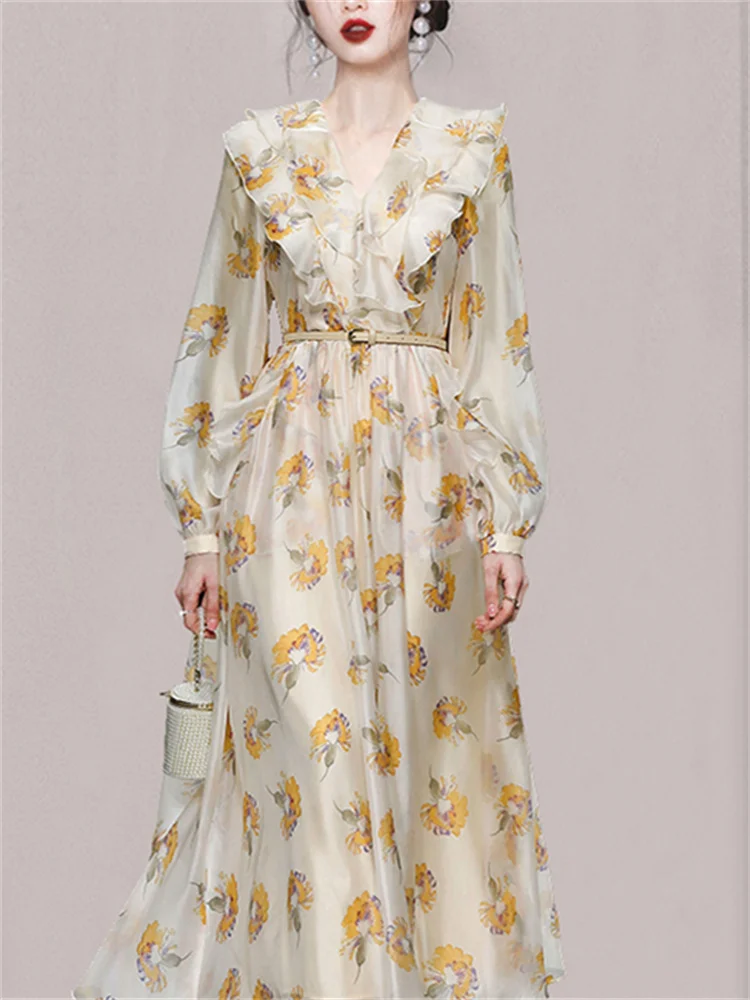Description Picture 4 of itemFotvotee Print Midi Dress for Women 2023 New Korean Fashion V Neck Ruffle Vintage Dress Elegant Lantern Sleeve Elegant Dresses