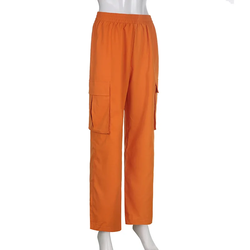Puloru Orange Baggy Cargo Pants Women Casual High Elasitc Waist Straight-Leg Trousers with Side Pockets Streetwear Sweatpants