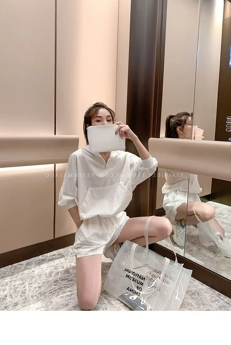 Description Picture 5 of item2023 Summer Sweat Suit White Women Hodded Short Sleeve Shorts Two Piece Set Korean Sporty Casual Tracksuit Hollow Out