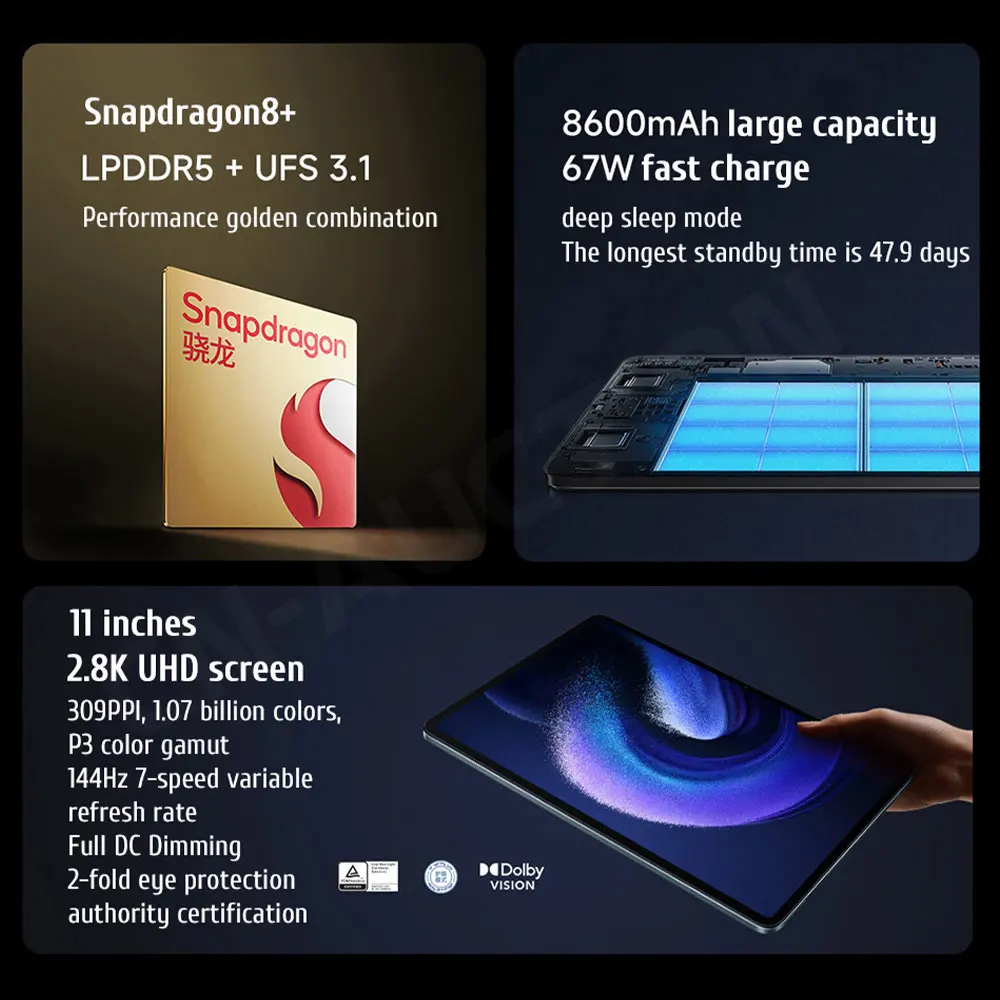 Iconic Brand Mi Pad 6 PRO Global Rom Tablet Snapdragon 8+ 11 Inch 144Hz 2.8K Display 8600mAh 67W Fast Charger Android 13 MIUI 14 2023