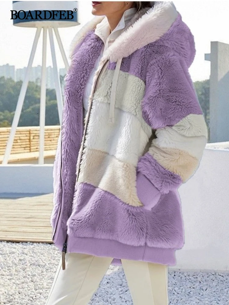 Womens Fuzzy Fleece Jacket Hooded Zipper Color Block Soft Full Casual Faux Fur Patchwork Long Sleeve Outerwear Coats with Pocket