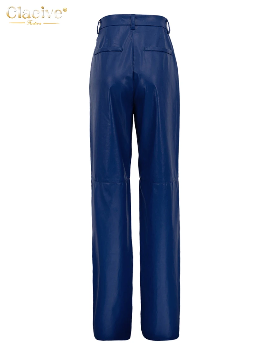 Description Picture 4 of itemClacive Fashion Blue Pu Leather Women'S Pants Elegant Slim High Waist Straight Trousers Streetwear Pantalones Female Clothing