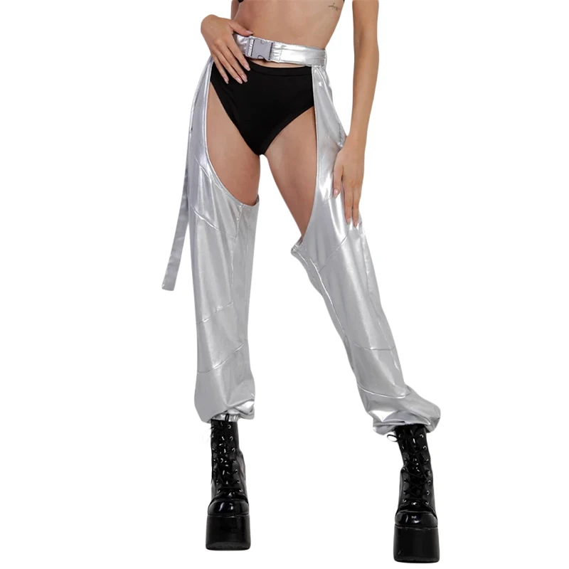 Women Buckles Bottomless Pants High Waist Cargo Trousers Crothchless Color Block Boggy Trousers Long Rave Legging Streetwear