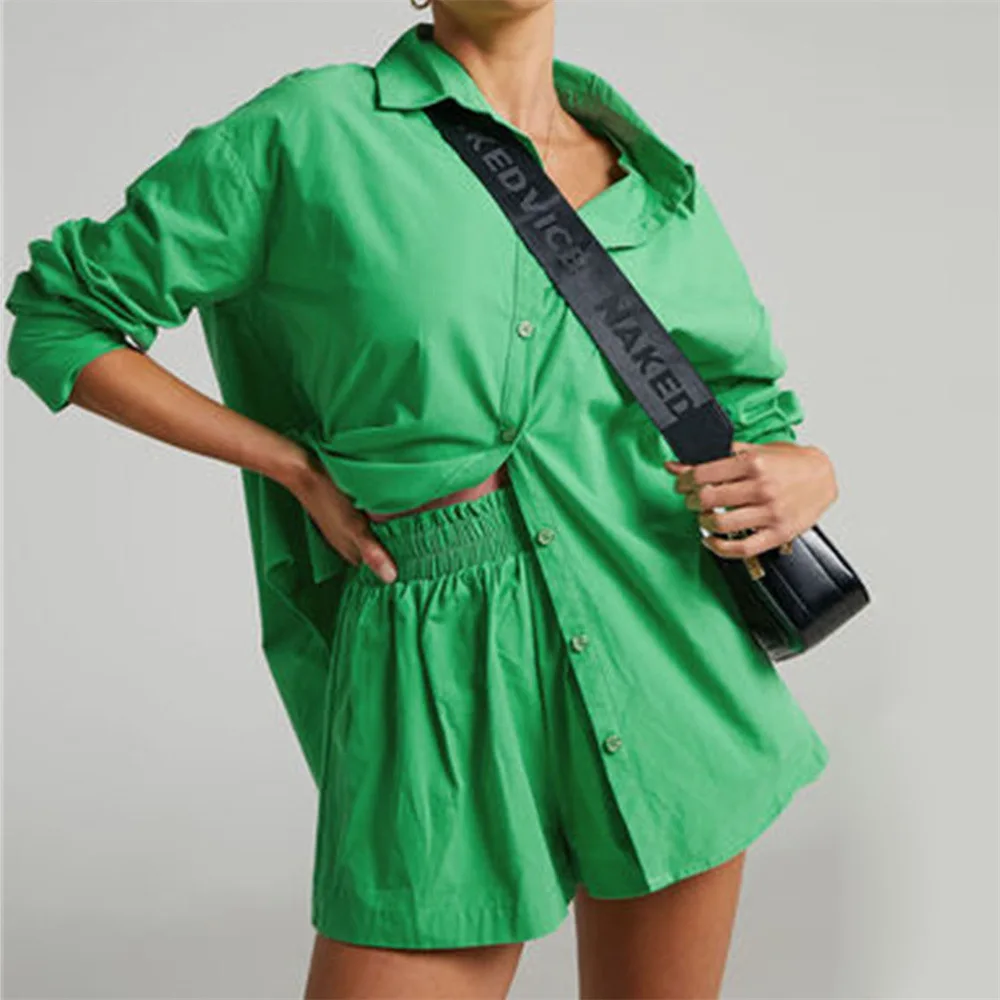 Description Picture 3 of itemWomen Tracksuits Shirt With Mini Shorts Cotton Two Pieces Sets Fashion Clothing Outfits Women Blouses Fashion Tracksuits