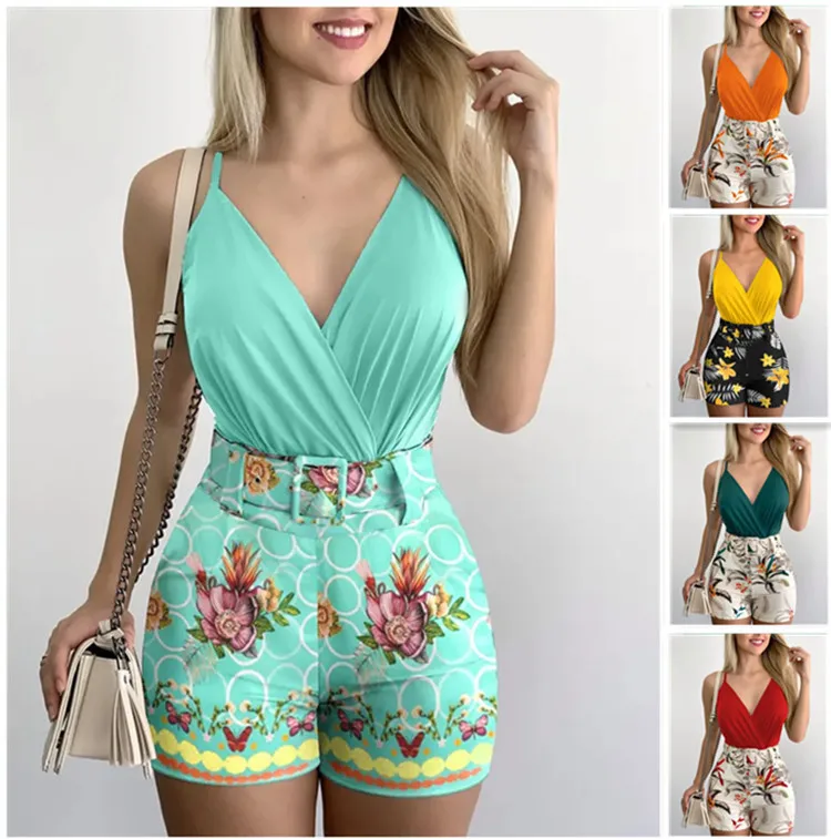 Description Picture 3 of itemFashion Print Two Piece Set Matching Suit 2023 Womens Style Sexy Sleeveless Shorts Two Piece Set Streetwear Versatile Playsuit