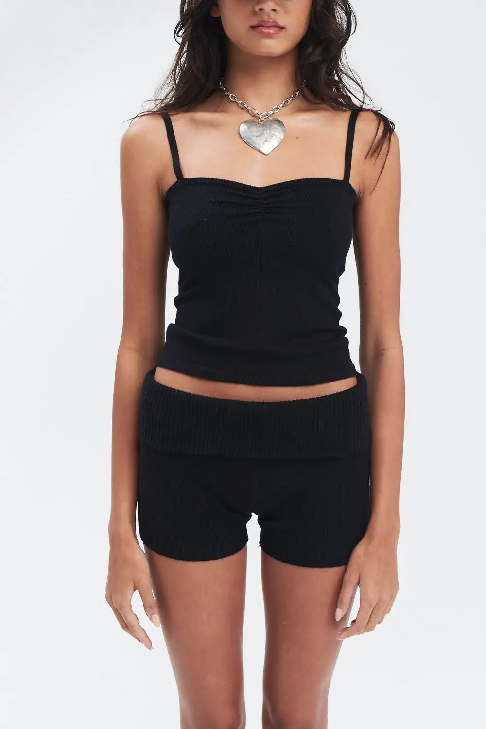 Description Picture 3 of itemTwo Piece Set Women Summer Solid Color Knitted Casual Y2K Shorts Sets Spaghetti Strap Crop Top + Mini Biker Shorts 2 Piece Sets