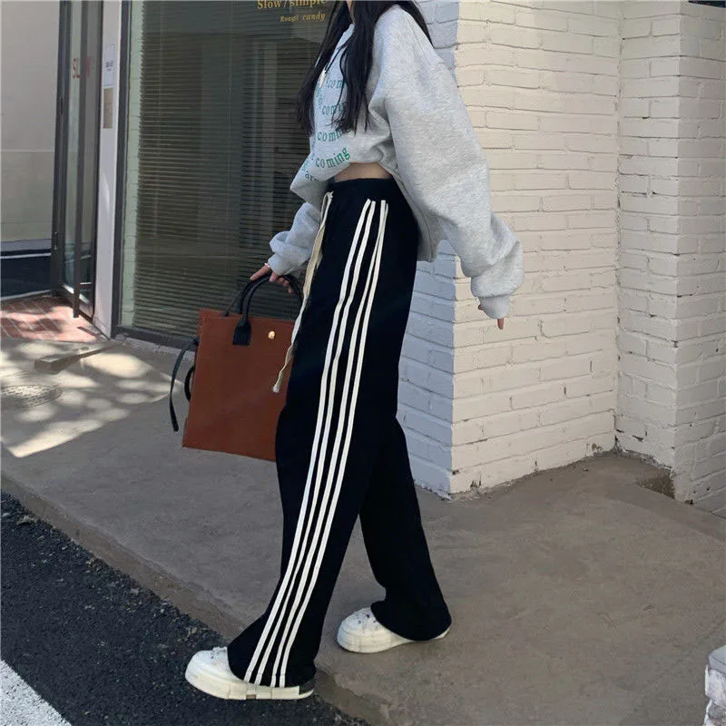 Description Picture 4 of itemZoki Black Striped Sweatpants Women Preppy Style High Waist Loose Casual Trousers Korean Chic Lace Up Streetwear Wide Leg Pants