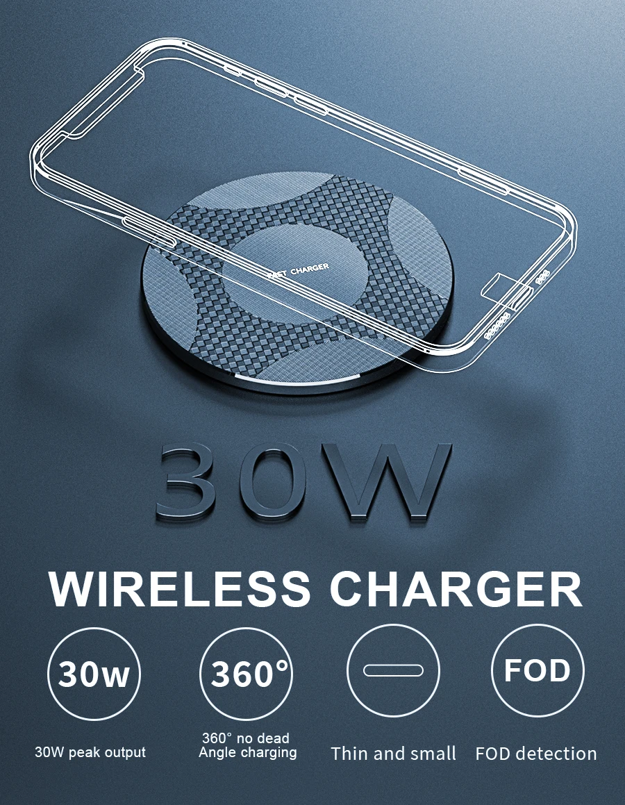 Description Picture 3 of item30W  Wireless Charger Pad for iphone 13 12 11 xs max x xr 8 Fast Mobile Phone Charging for Ulefone doogee Samsung note 9 8 s10