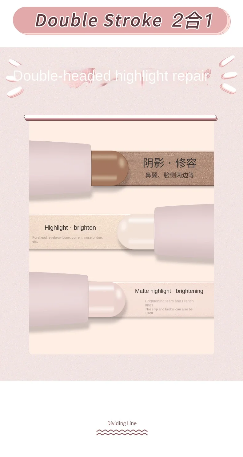 Description Picture 3 of itemNOVO Double Headed Highlight Repair Stick Brighten Face Shadow Contouring Bronzer Concealer Highlighter Pen 3D Makeup Corrector