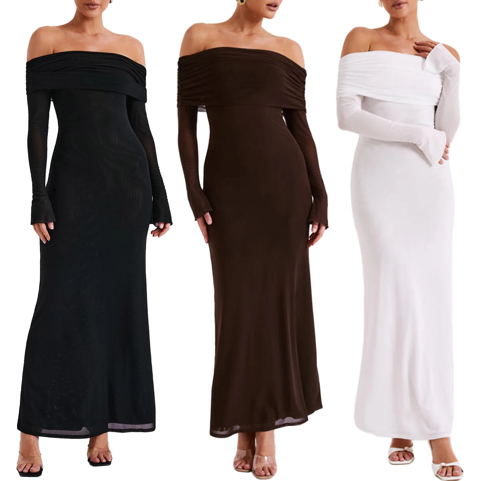 Description Picture 6 of itemSpicy Girl Slash Neck Tunic Long Dress Women Long Sleeve Dress Slim Fit Waist Maxi Dress Solid Color Vintage Style Daily Outfit