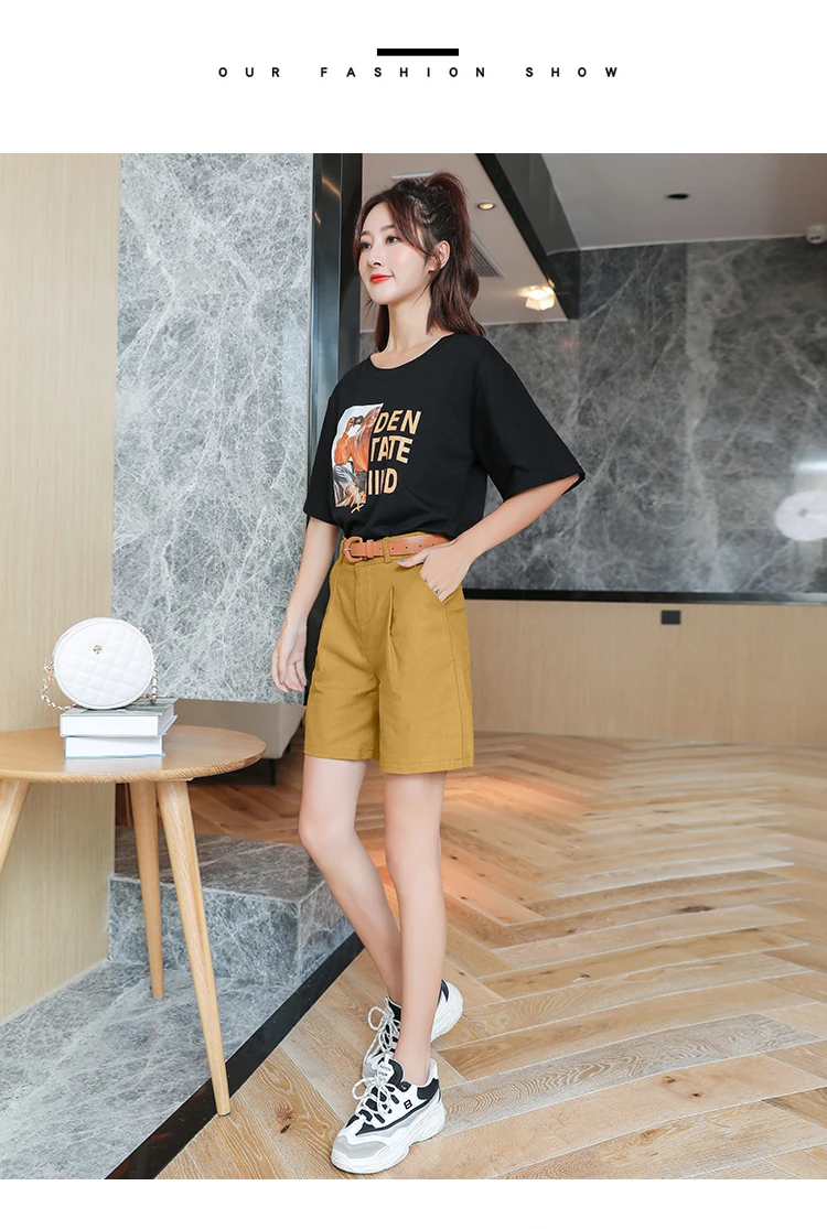 Description Picture 5 of item2023 Summer Korean Simple Harajuku Fashion Wide Leg Shorts Loose High Waist Lady Short Pants With Belt Casual Solid Color Womens