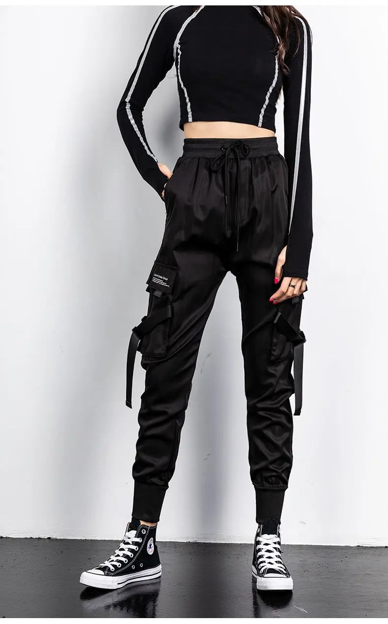 Description Picture 6 of itemWomen Fashion Streetwear Cargo Pants Black Ankle Length Elastic Waist Joggers Female Loose Trousers Casual Women Harem Pants