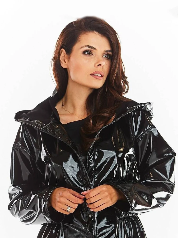 Description Picture 4 of itemShiny Patent Leather Parka for Women Hood Overcoat with Pocket Faux Latex Long Sleeve Jacket Button PVC Raincoat New Custom