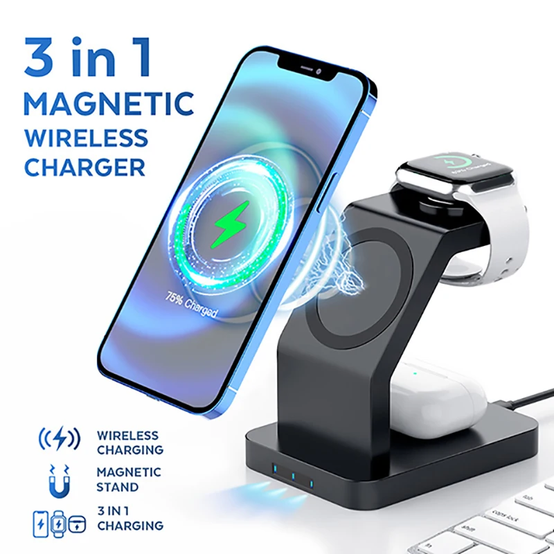 3 in 1 Magnetic Wireless Charger Stand Qi Fast Charging Induction Charger For iPhone 12 13 Pro Max Mini Apple Watch 7 6 AirPods