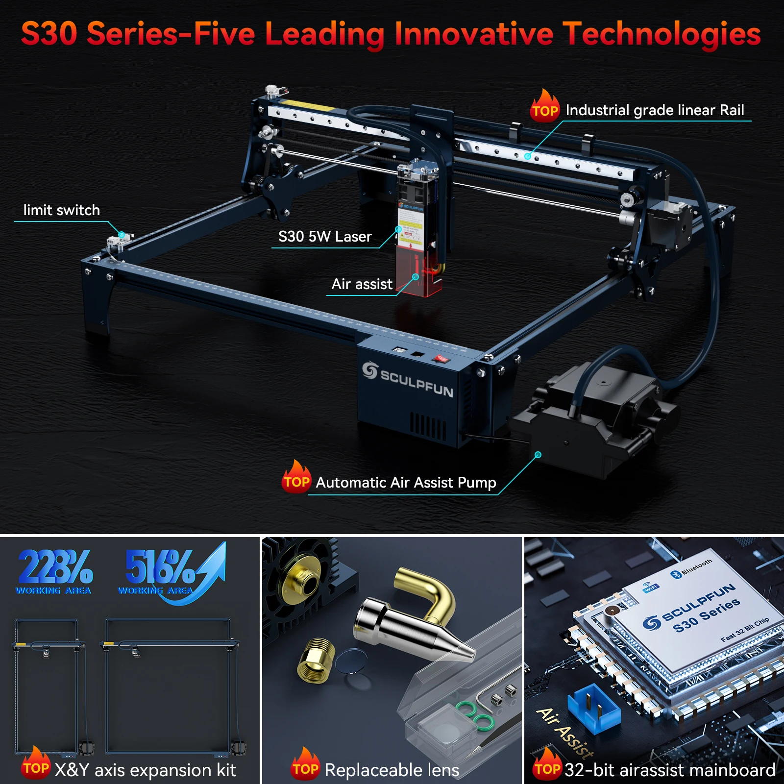 SCULPFUN S30 5W Laser Engraver With Automatic Air-assist System High-precision Fixed-Focus CNC Laser Engraver Machine 410*400mm