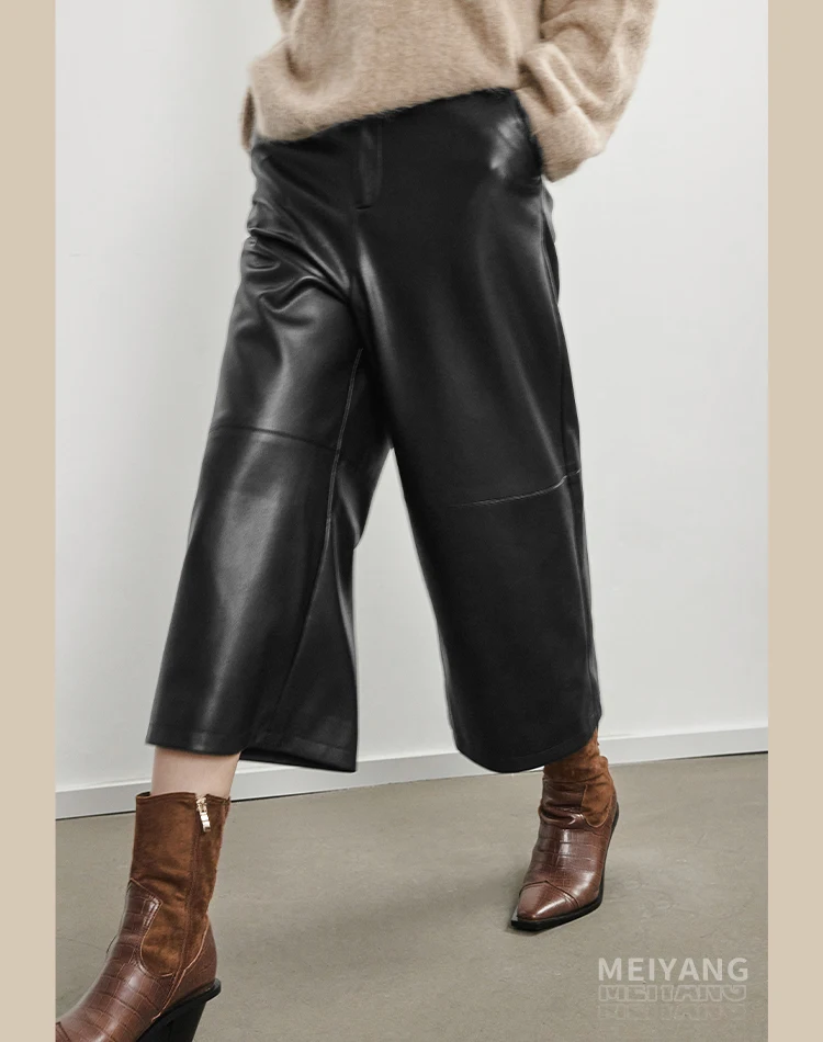 Description Picture 4 of itemLeather Cropped Pants For Women 2023 Spring Fashion Korean Clothing Thin Wide Leg Calf Long Sheepskin Black Trousers Streetwear