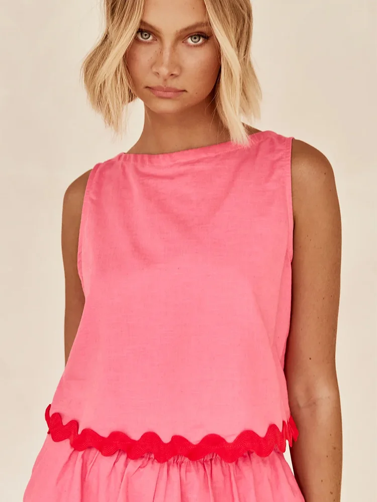 Description Picture 2 of itemCasual Holiday Tank Shorts Suit Women Sleeveless O-neck Short Top Vest And Elastic High Waist Short Pants 2 Pieces Set Female