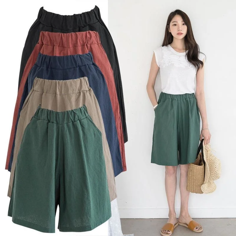 Women's Clothing Summer 2023 Cotton and Linen Casual Shorts Plus Large Size Elastic Waist Five-point Wide-leg Pants