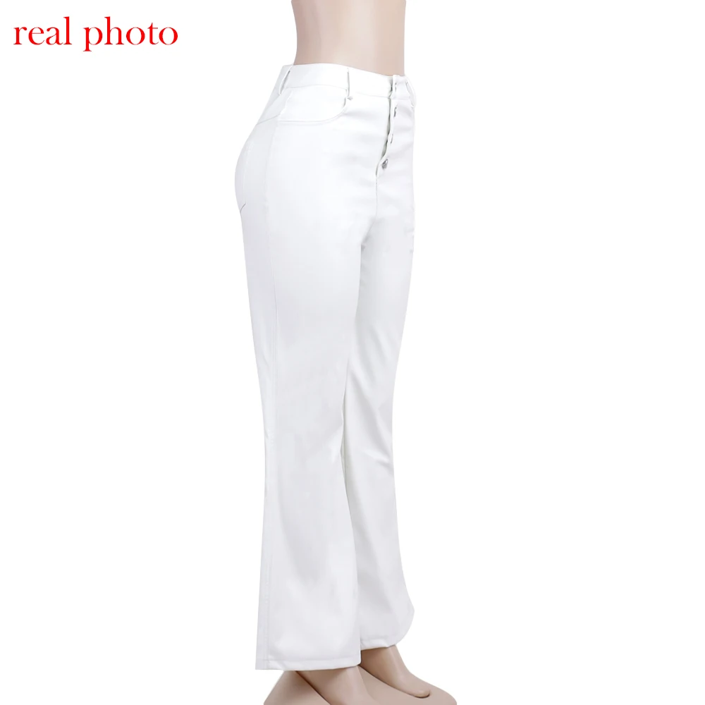 Description Picture 4 of itemCryptographic Fashion White PU Leather High Rise Pants Streetwear Casual Button Up Straight Leg Pants for Women Trousers Pants