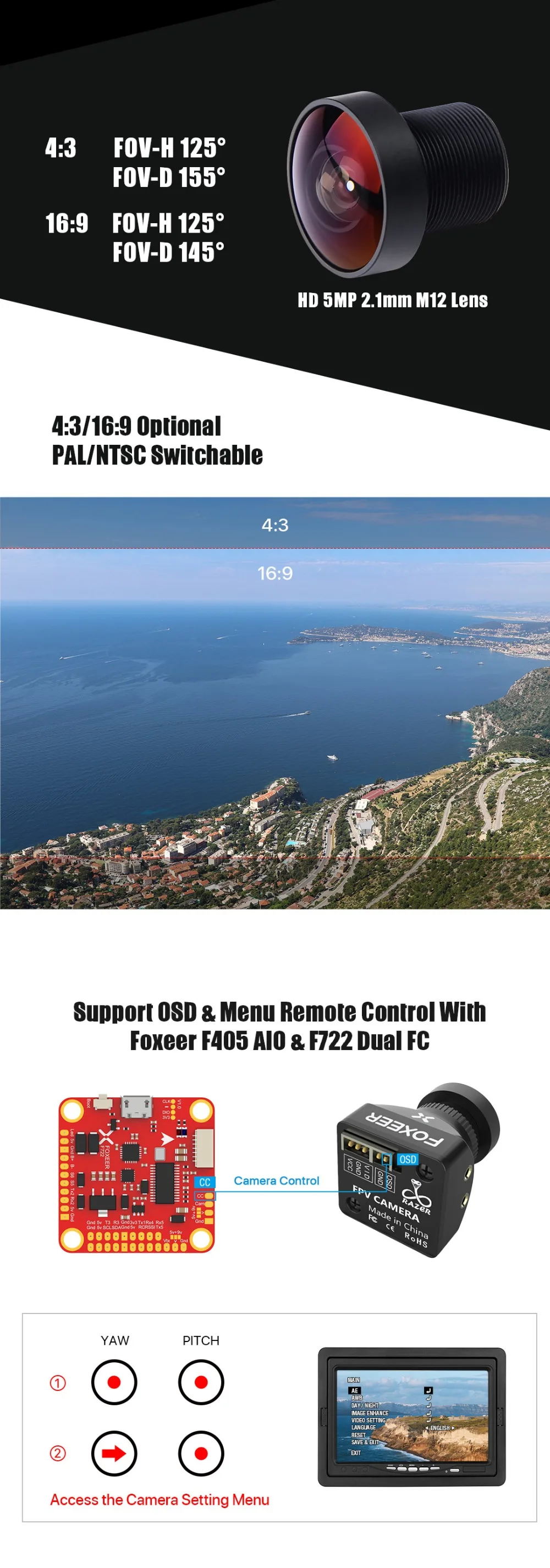 Description Picture 3 of itemFoxeer Razer Mini HD 5MP 2.1mm M12 Lens 1200TVL Standard FPV Camera 4:3/16:9 NTSC/PAL Switchable 4ms Latency Camera