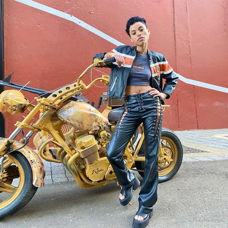 Description Picture 4 of itemwoman pants High Waist Pants Hollow Out Bandage Sexy Autumn Trend Leather Club Slim Streetwear Weird Puss Faux PU Y2K Trousers