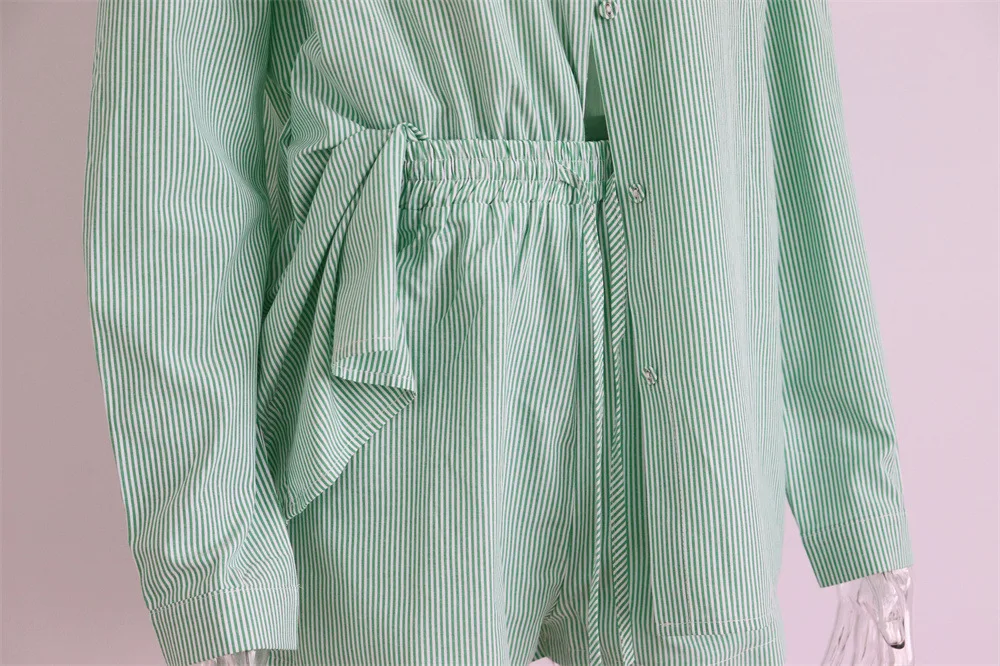 Description Picture 6 of itemTwo Piece Set for Women Summer Stripe Long Sleeve Shirt Tops Loose High Waisted Shorts Sets Female Oversized Outfits Tracksuit