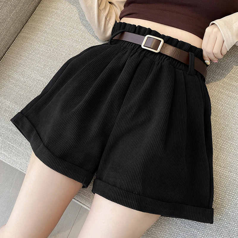 Description Picture 6 of itemAutumn Winter Woman Corduroy Shorts With Belt 2023 Elastic Waist Loose Crimping Vintage Short Pants For Boots