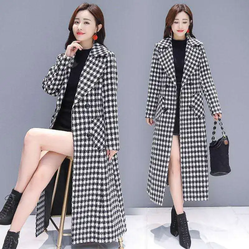 2023 Fashion Spring Plaid Woolen Jacket Ladies Clothing Elegant Slim Temperament Long Outwear Windproof Women Windbreaker Coats