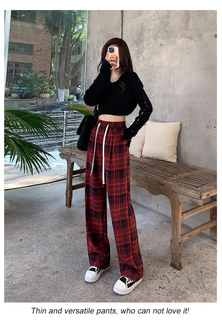 Description Picture 6 of itemJielur Vintage Plaid Spell Color Women Pants Korean Elastic Waist Slim Straight Fashion Female Streetwear Casual Wide Leg Pants