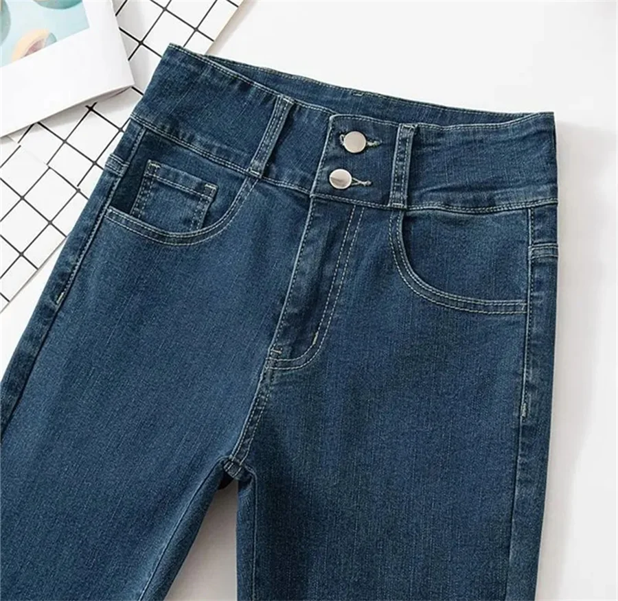 Description Picture 4 of itemHigh Waist Double Buckle Bell Bottom Jeans Korean Fashion Slim Skinny Streetwear Denim Trousers Spring Autumn Washed Women Jeans