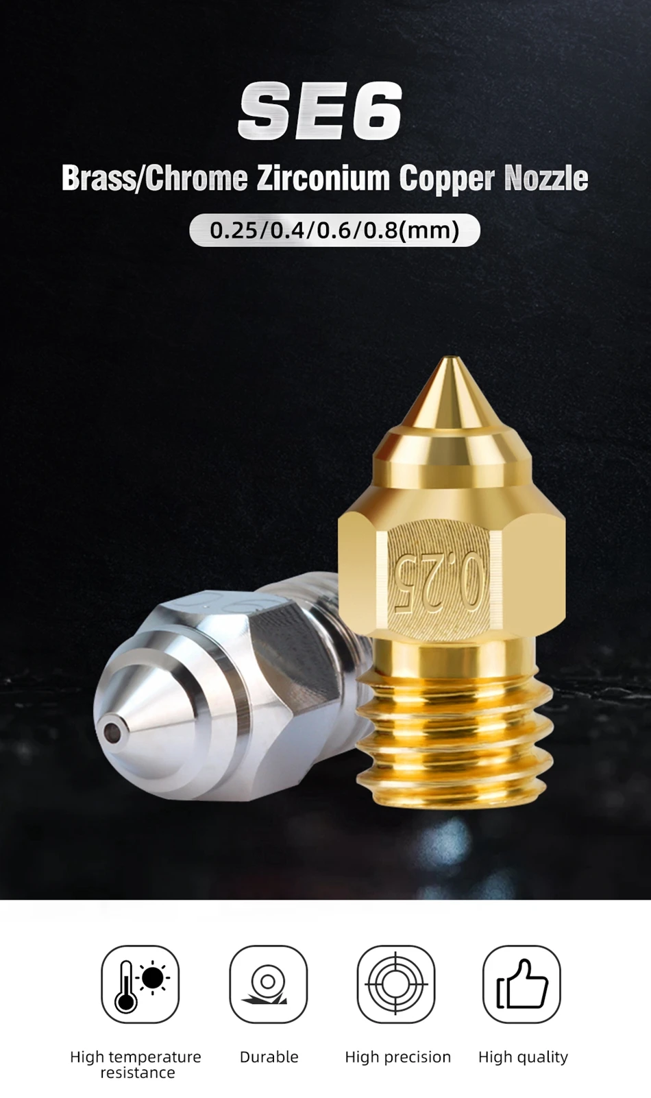 Description Picture 2 of itemHigh Quality CR6 SE Nozzle MK8 Brass/Copper Plated Sharp M6 Thread Nozzles 0.25/0.4/0.6/0.8mm For CR6 SE Ender 3 S1 3D Printer