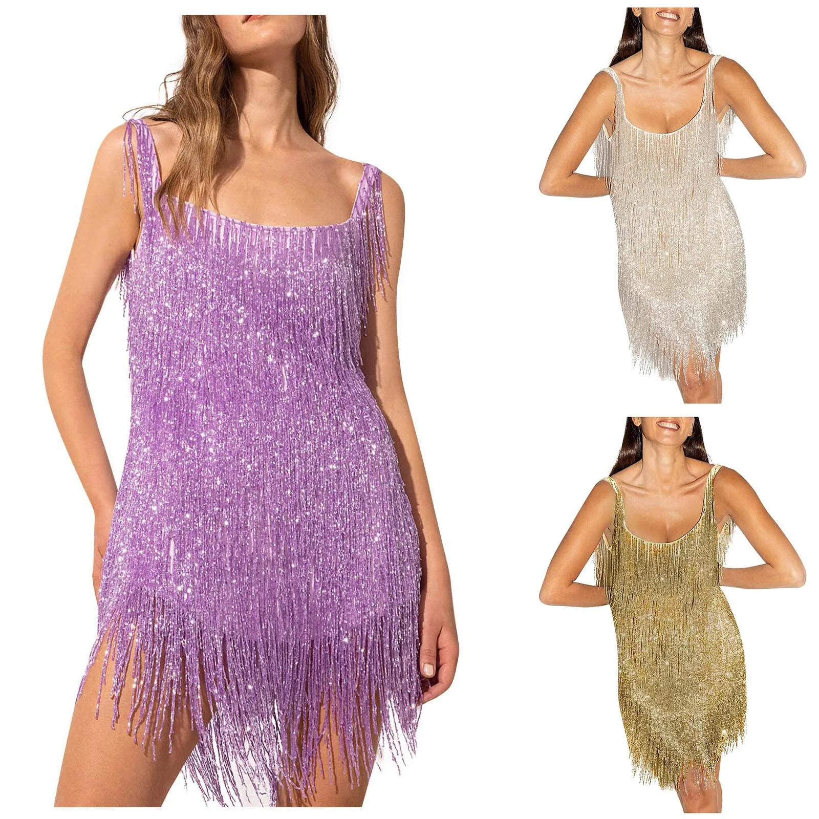 Description Picture 2 of itemSexy Sleeveless Halter Tassel Sparkling Party Dress Fashion Solid Color Cocktail Evening Dress Women Chic Elegant Dress Vestidos