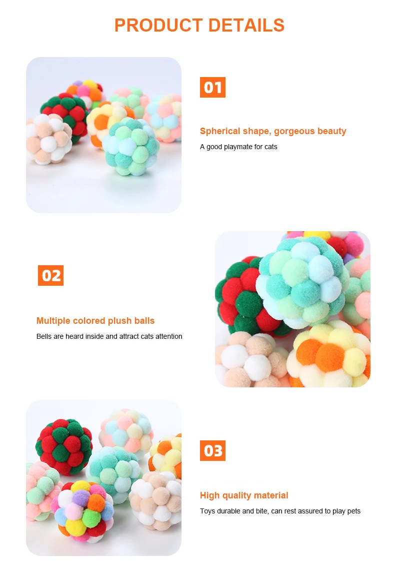 Description Picture 4 of item1/3Pcs DIY Plush Ball Cat Toy Rainbow Cat Interactive Toy Kitten Puppy Colorful Handmade Bell Bouncy Ball Pet Gift Supplies