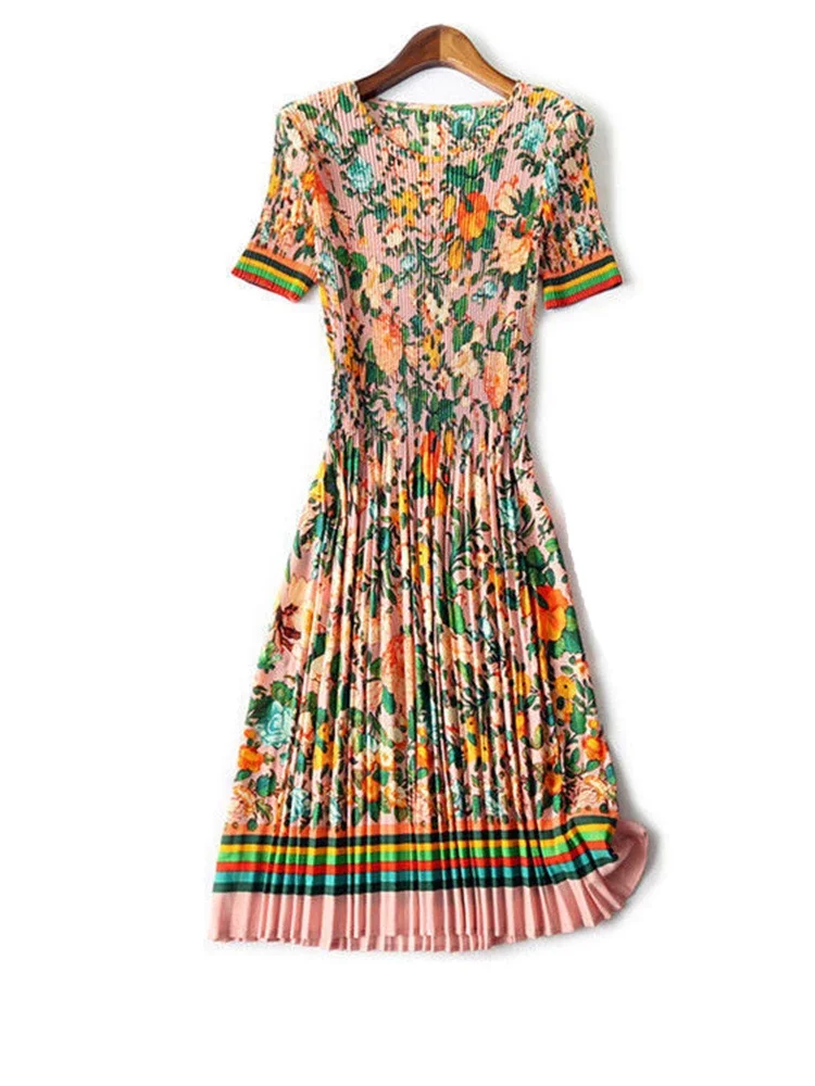 2023 Summer One Line Collar Ruffled Elastic Fashion Print Holiday Swing Dress sexy LOOSE  long dress