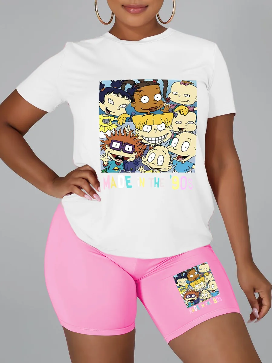 Description Picture 6 of itemHLJ Fashion Street Style Women Round Neck Short Sleeve Top And Biker Shorts Two Piece Sets Casual Pattern Pirnting 2pcs Outfits